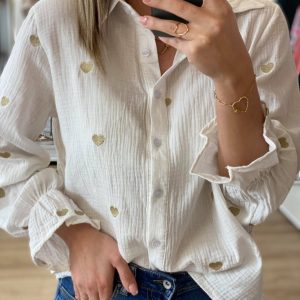 CHEMISIER GAZE DE COTON LOVA BLANC COEUR OR