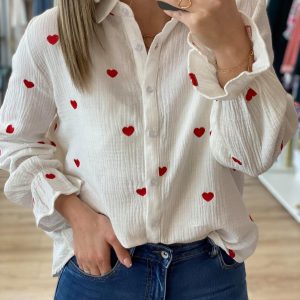 CHEMISIER GAZE DE COTON LOVA BLANC COEUR ROUGE