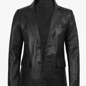 Blazer en cuir noir à deux boutons pour homme - Revers cranté
