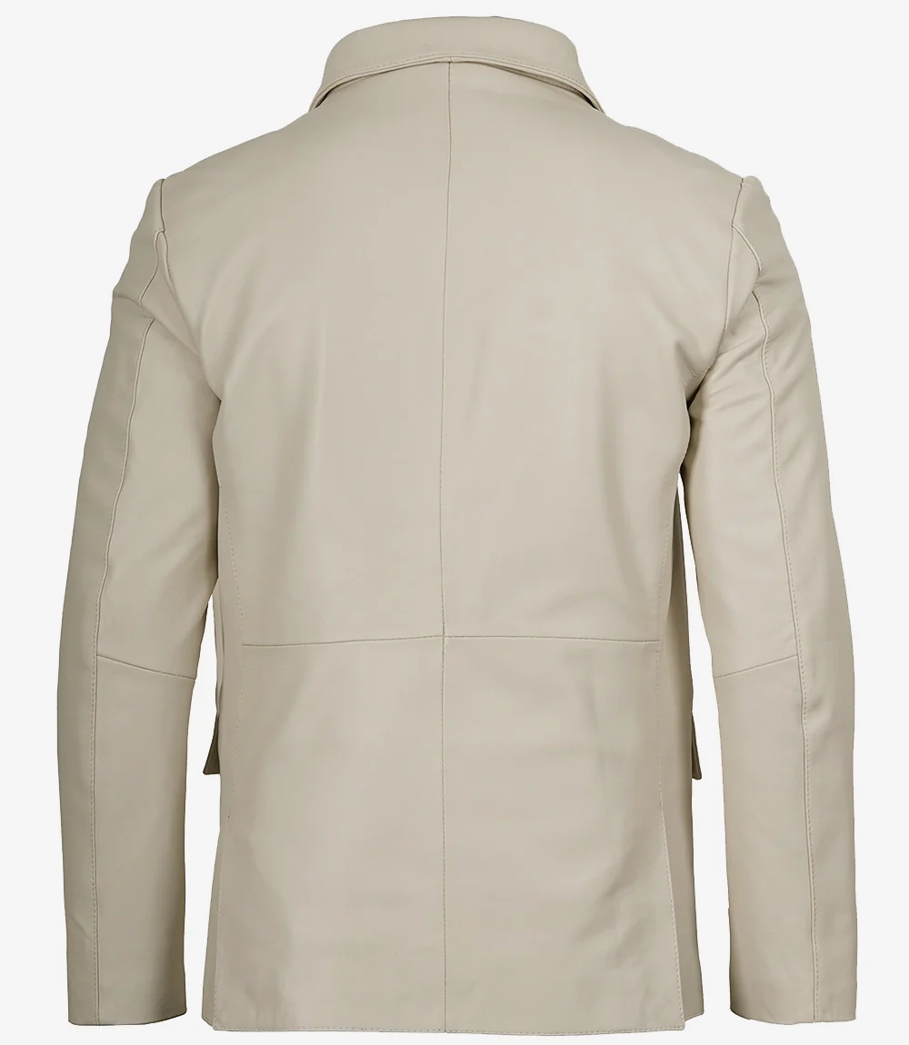 Blazer en cuir blanc cassé à deux boutons avec revers crantés pour homme – Image 7