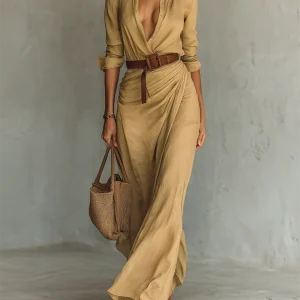 Robe Maxi Ceinturée à Col Tailleur