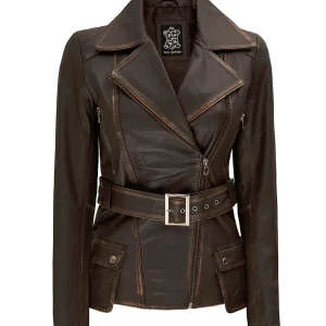 Veste longue en cuir marron vieilli style motard pour femme