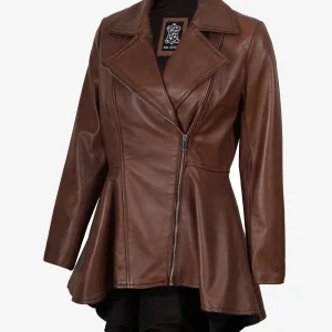 Veste en cuir à basque asymétrique cognac pour femme