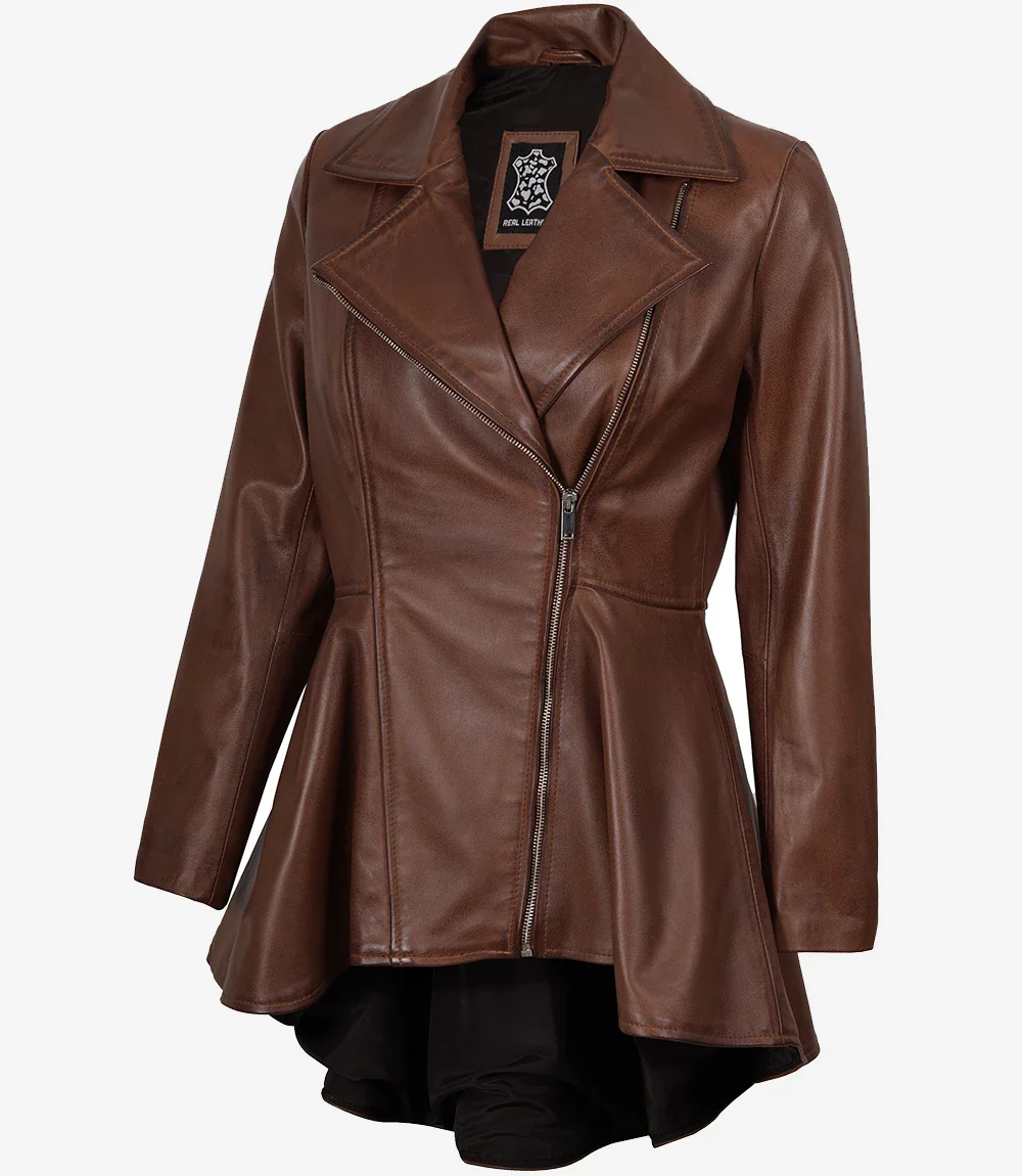 Veste en cuir à basque asymétrique cognac pour femme – Image 2