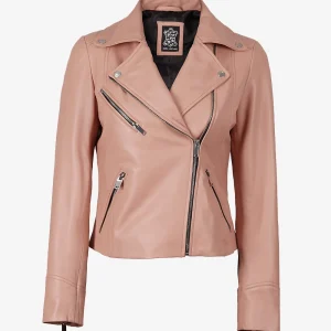 Veste asymétrique rose en cuir d'agneau véritable pour femme