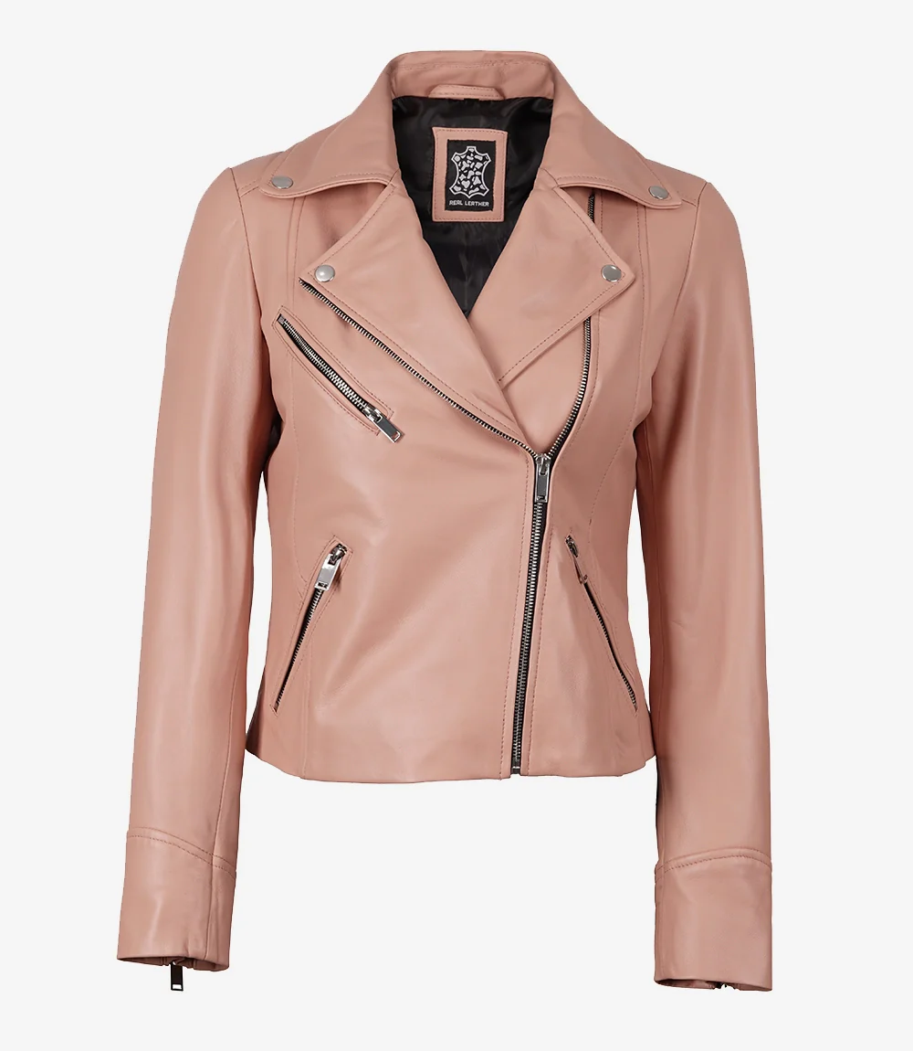 Veste asymétrique rose en cuir d'agneau véritable pour femme – Image 2