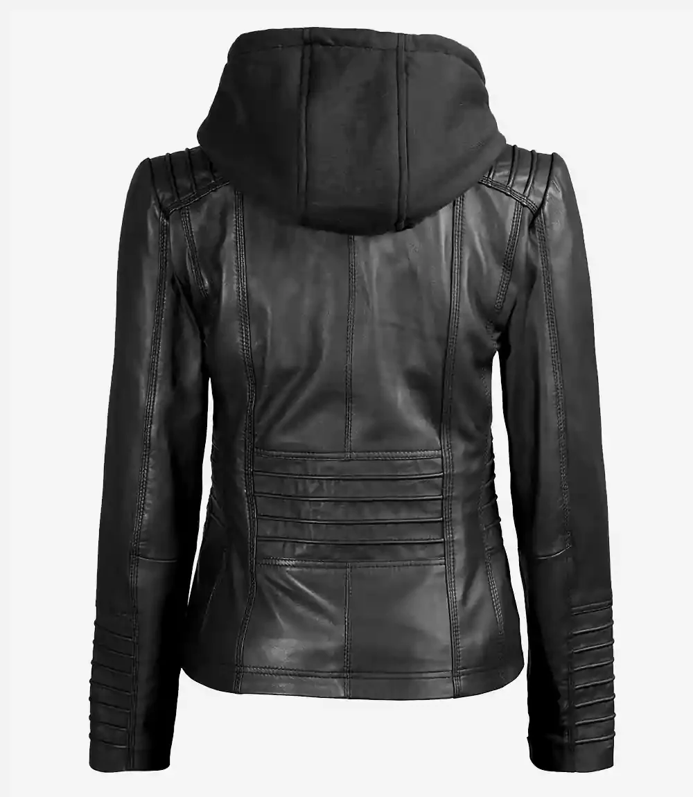 Veste en cuir noir Helen pour femme avec capuche amovible – Image 9