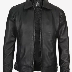 Veste en cuir noir à col chemise vintage pour homme