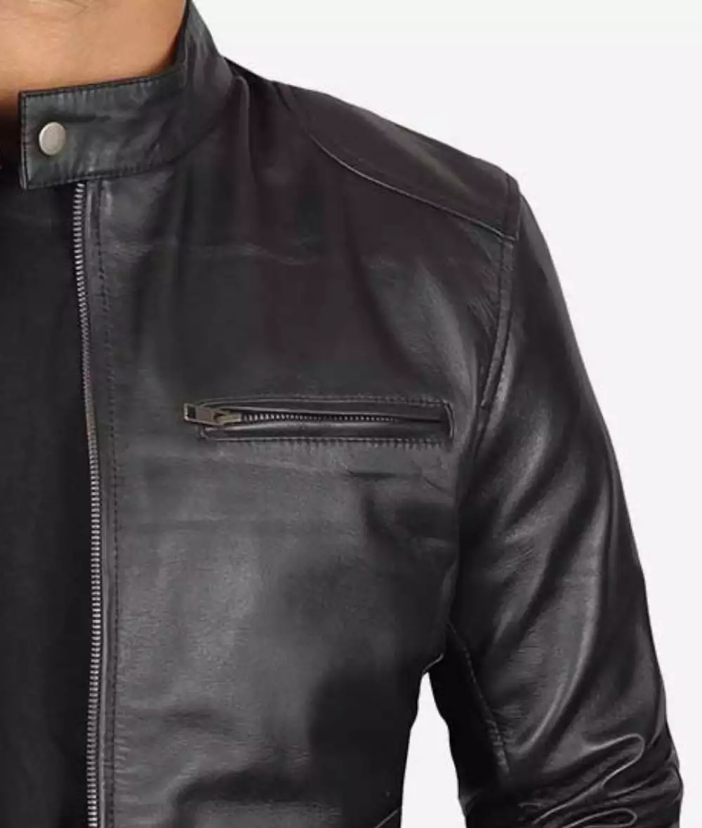 Veste style motard en cuir d’agneau noir pour homme grand – Image 3