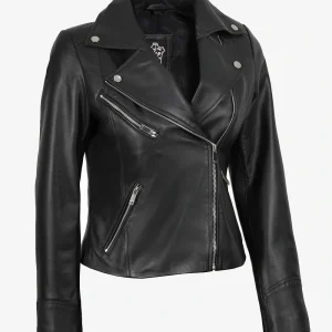 Veste motard asymétrique en cuir noir pour femme Rita