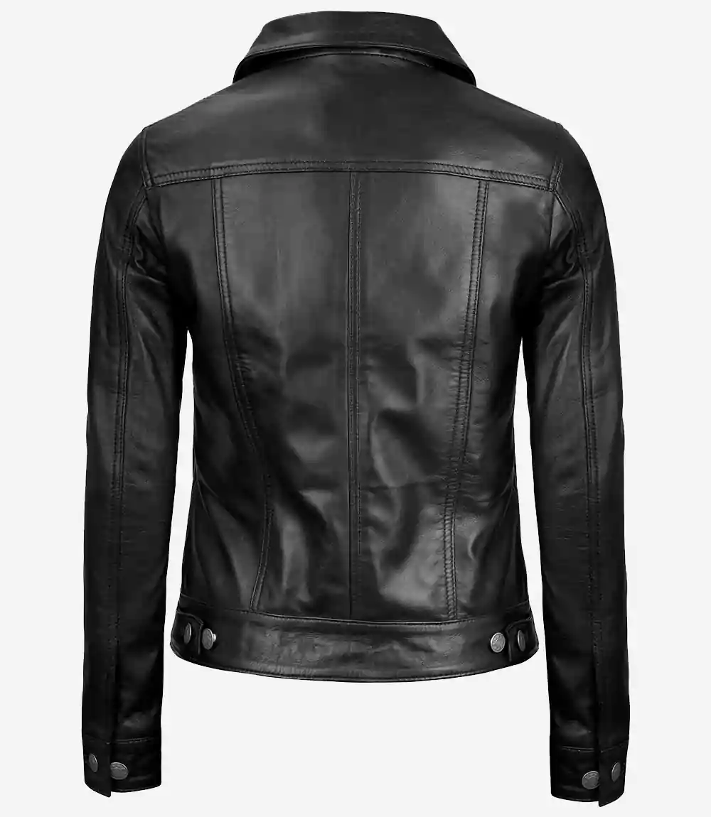 Veste camionneur quatre poches en cuir d'agneau noir pour femme – Image 3