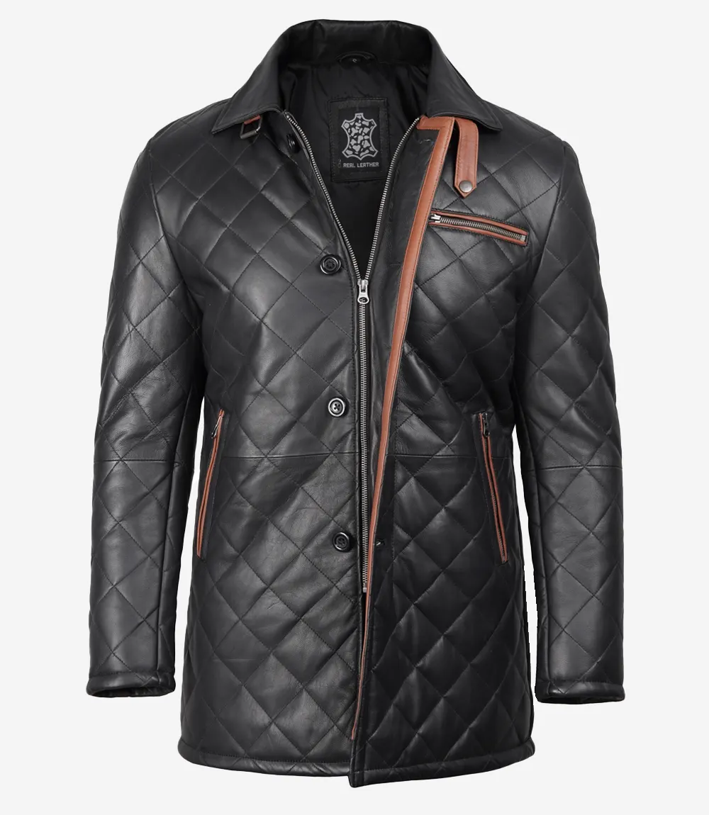 Manteau matelassé en cuir pour homme Black Diamond avec détails marron – Image 4