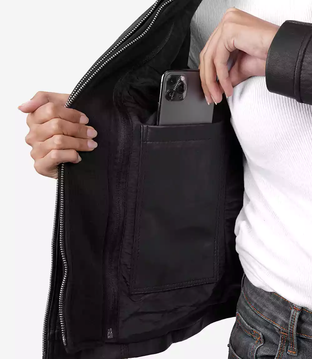 Veste en cuir noir Helen pour femme avec capuche amovible – Image 5