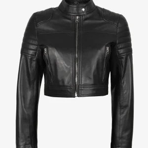 Veste courte en cuir noir style motard pour femme