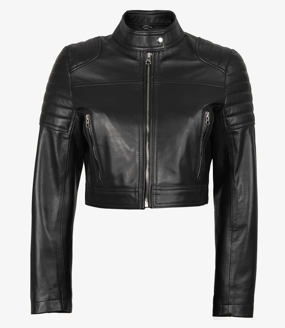 Veste courte en cuir noir style motard pour femme – Image 2