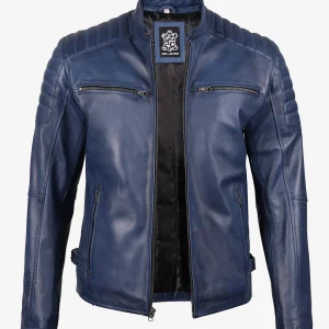 Veste en cuir ciré bleu style motard pour homme