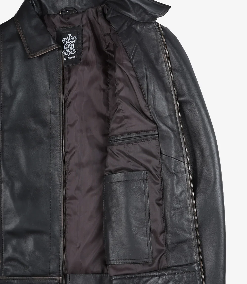 Veste en cuir marron vieilli classique à col chemise pour homme – Image 3