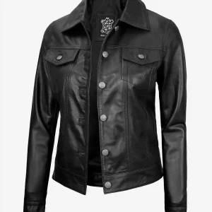 Veste camionneur quatre poches en cuir d'agneau noir pour femme