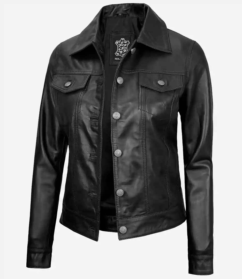 Veste camionneur quatre poches en cuir d'agneau noir pour femme