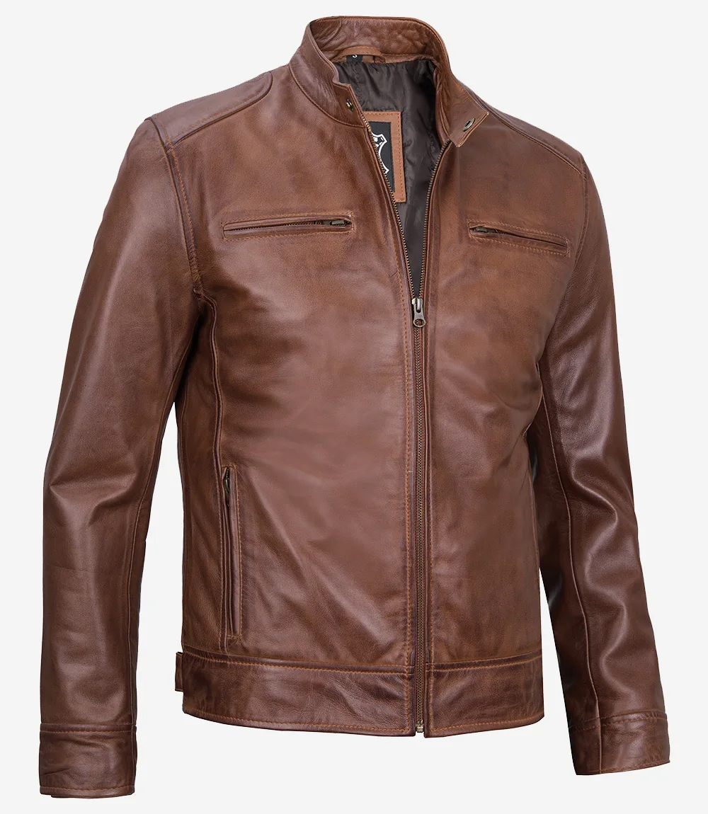 Veste motard en cuir cognac pour homme – Image 3