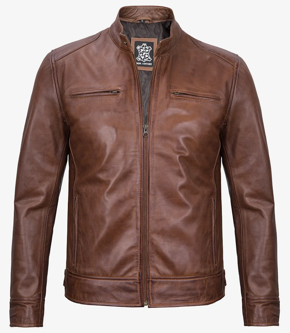 Veste motard en cuir cognac pour homme – Image 4