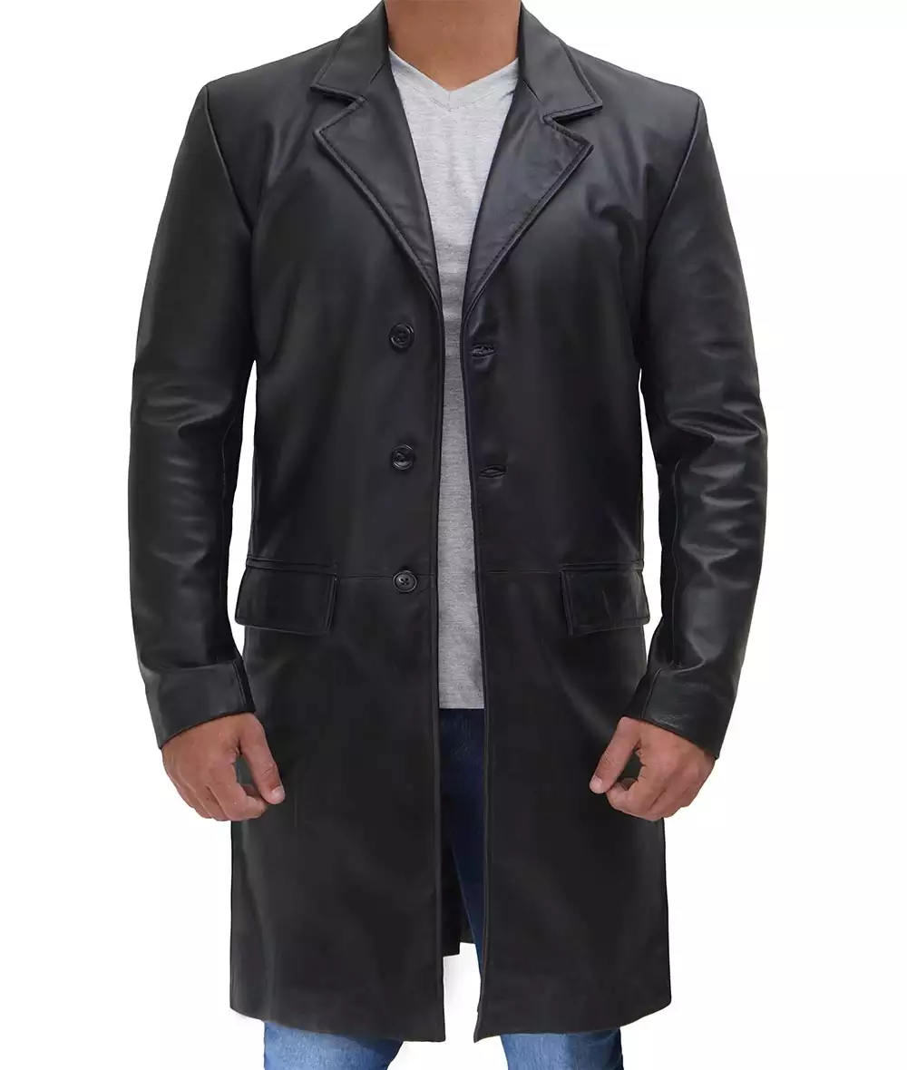 Manteau 3/4 en cuir de vache noir pour homme