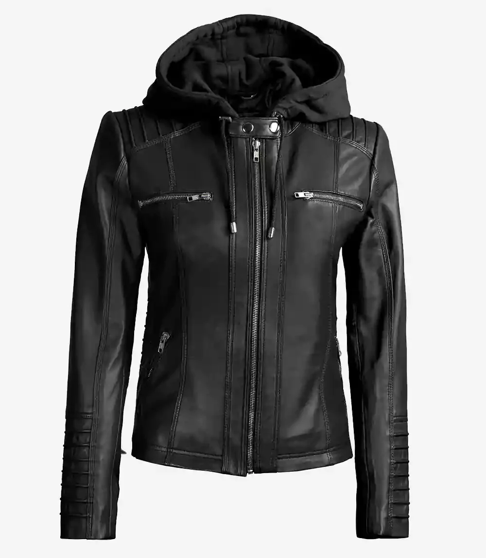 Veste en cuir noir Helen pour femme avec capuche amovible – Image 7