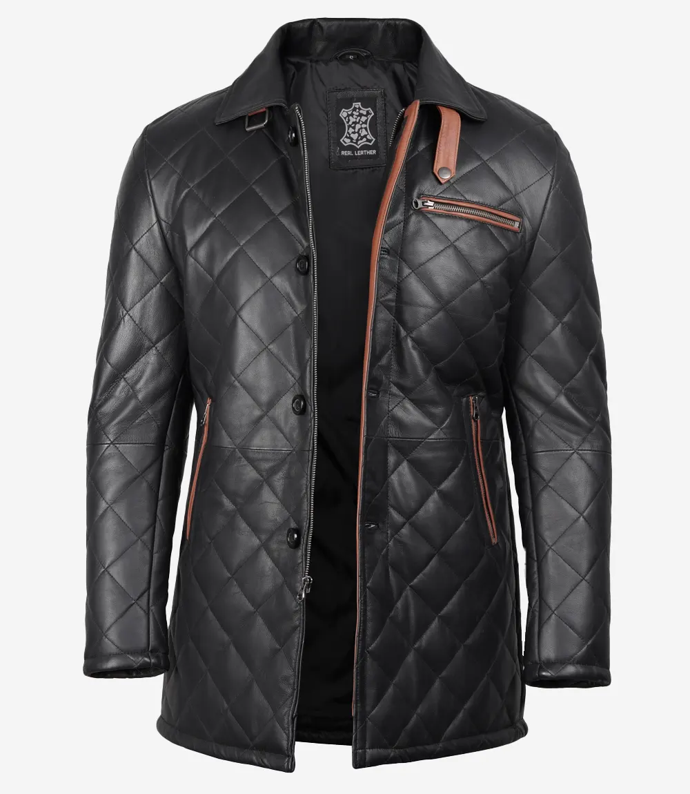 Manteau matelassé en cuir pour homme Black Diamond avec détails marron – Image 2