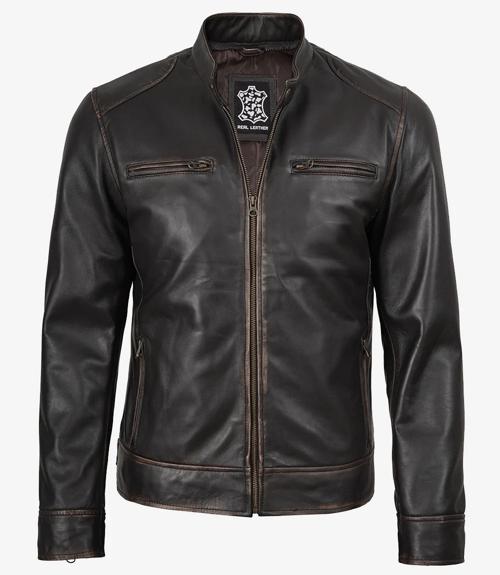 Veste en cuir marron vieilli style motard pour homme – Image 4