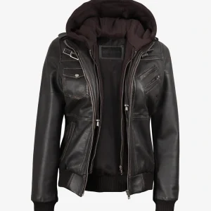 Blouson aviateur en cuir marron vieilli à capuche pour femme