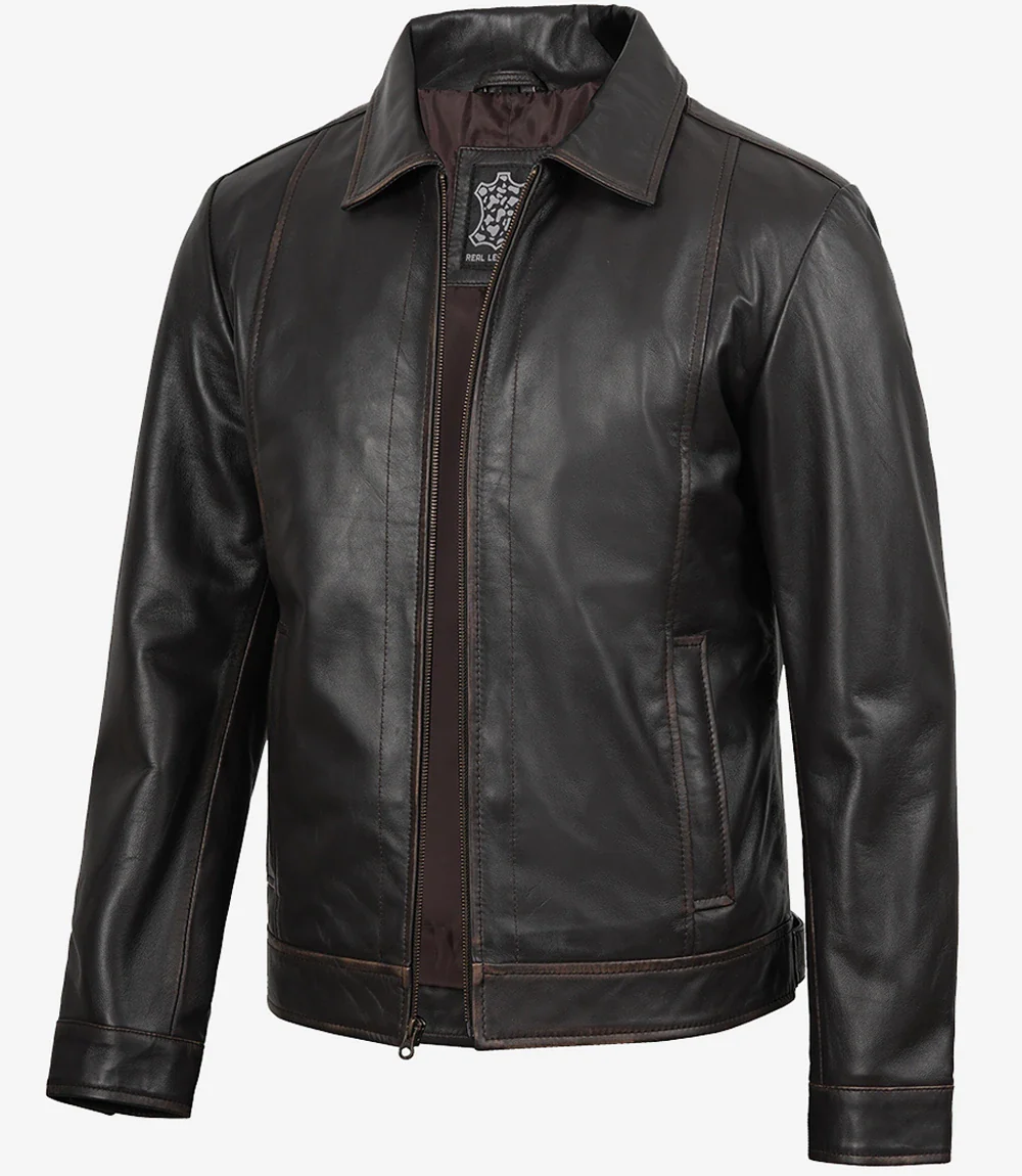 Veste en cuir marron vieilli classique à col chemise pour homme – Image 4