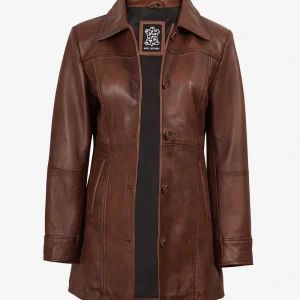 Manteau en cuir boutonné 3/4 pour femme, couleur cognac