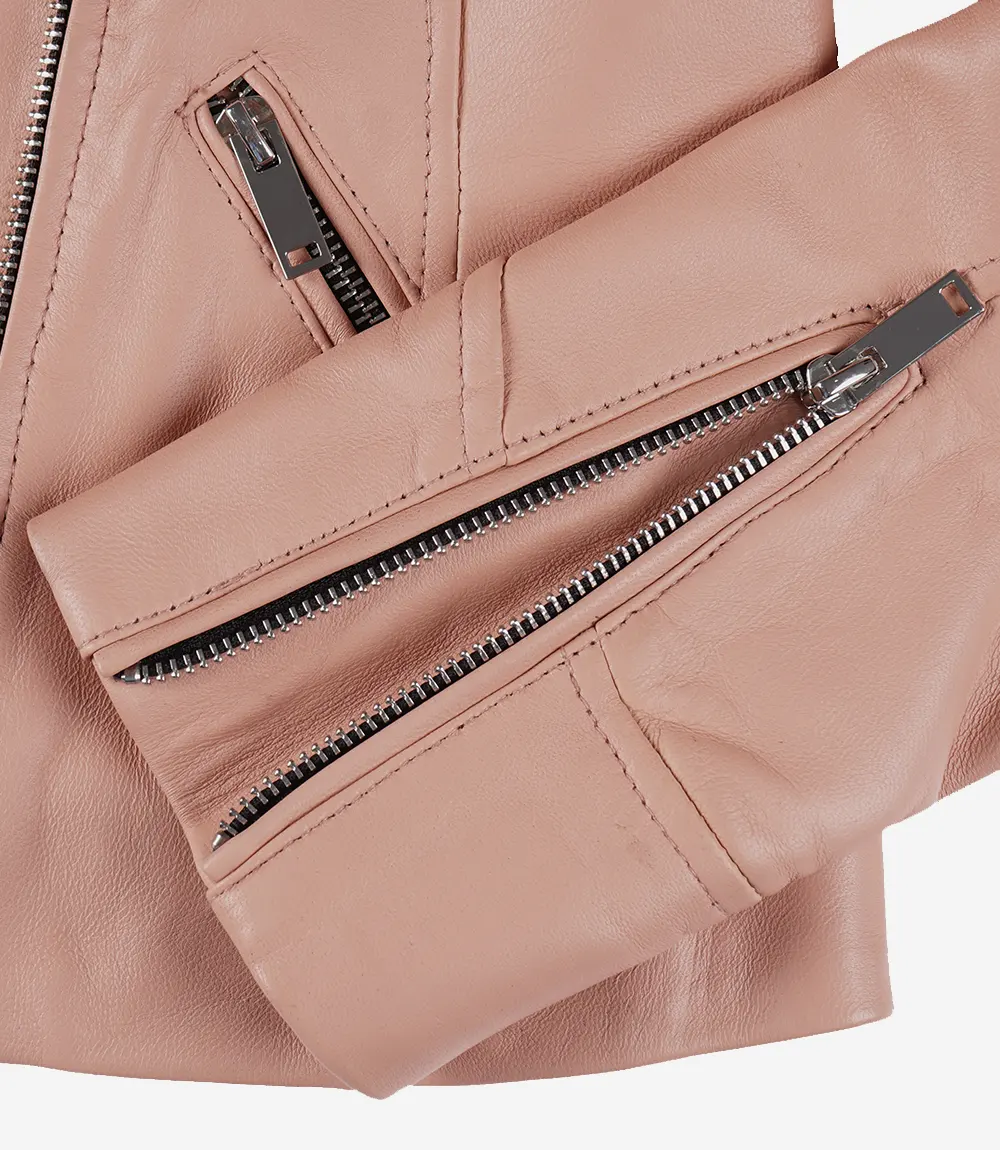 Veste asymétrique rose en cuir d'agneau véritable pour femme – Image 5