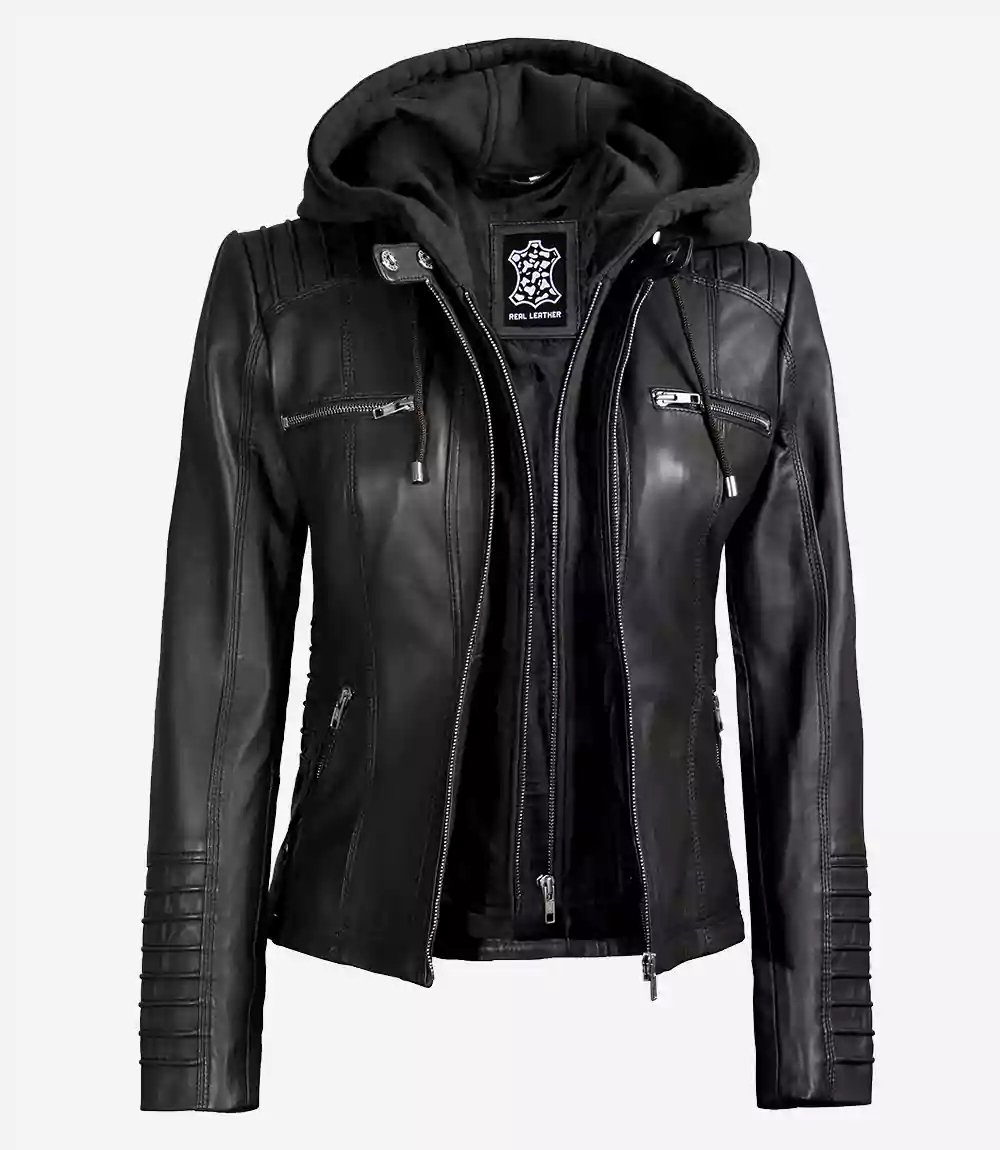 Veste en cuir noir Helen pour femme avec capuche amovible – Image 4