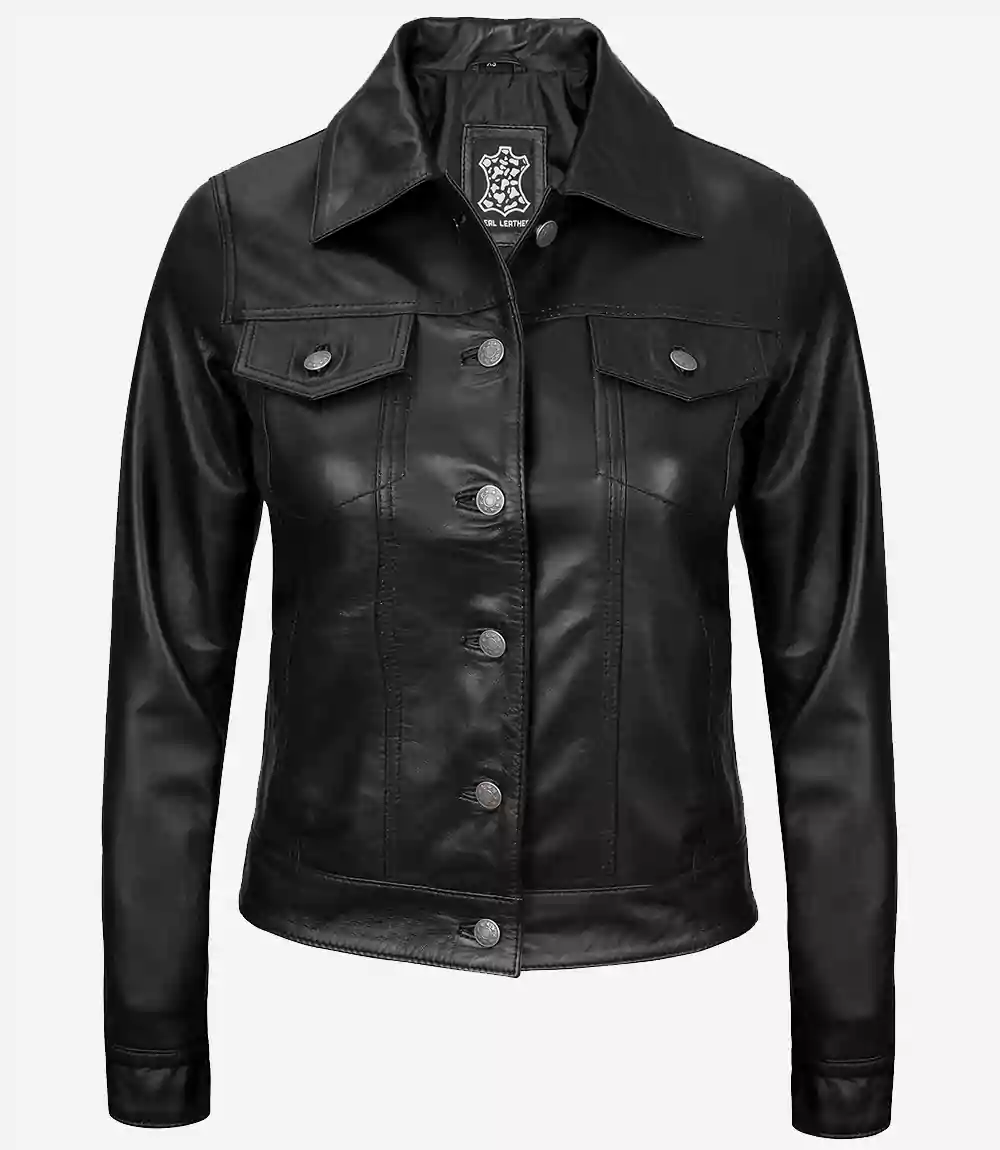 Veste camionneur quatre poches en cuir d'agneau noir pour femme – Image 4