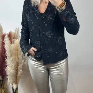 Chemisier Noir À Fleur Argenter