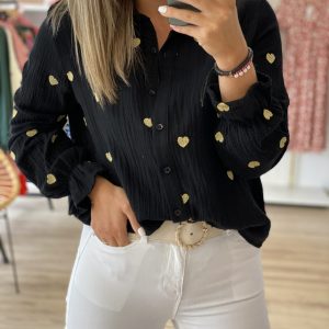 CHEMISIER GAZE DE COTON LOVA NOIR COEUR OR