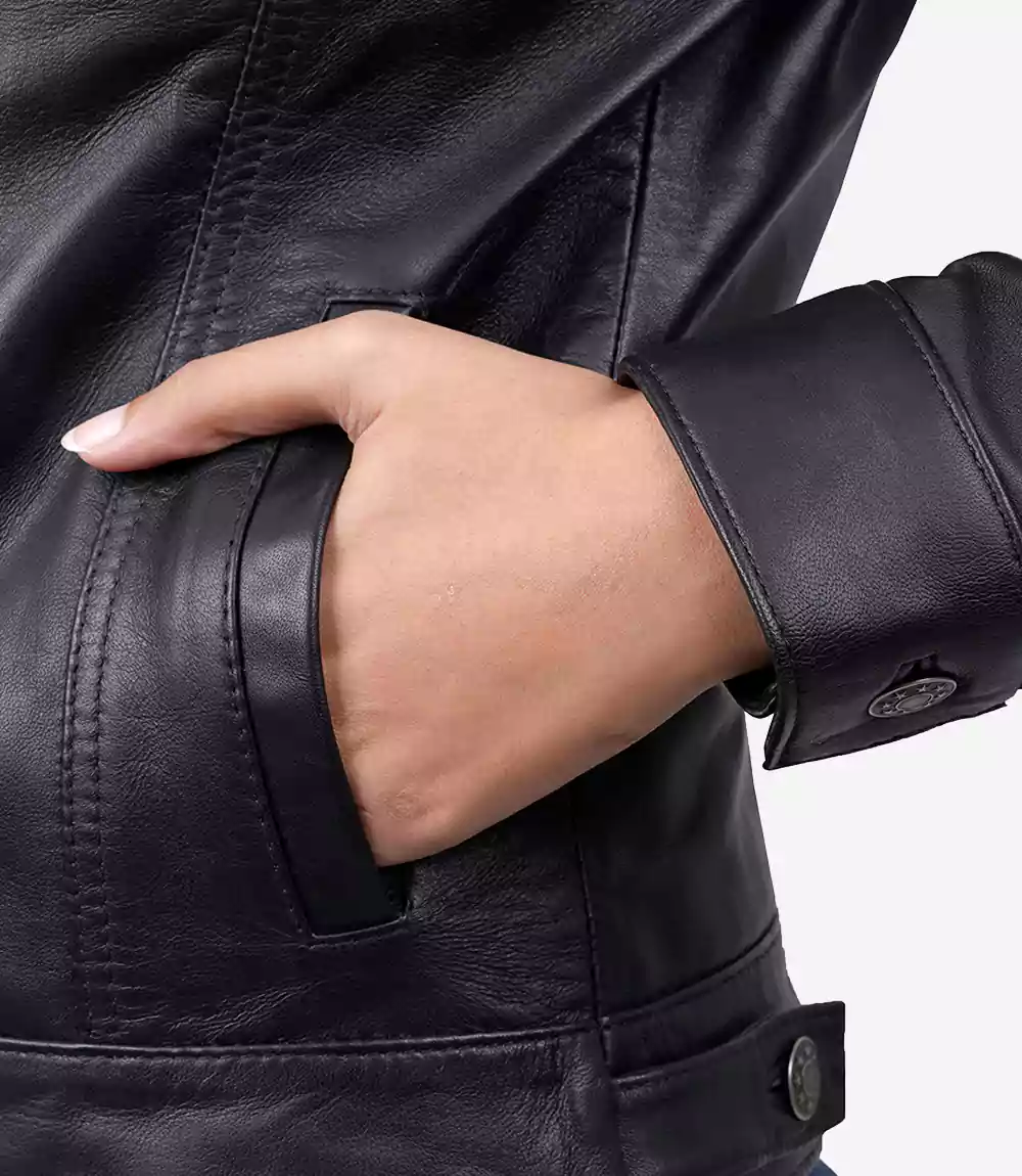 Veste camionneur quatre poches en cuir d'agneau noir pour femme – Image 5