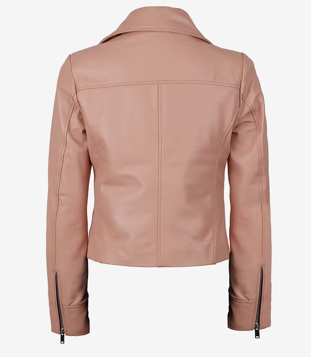 Veste asymétrique rose en cuir d'agneau véritable pour femme – Image 8