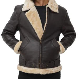 Blouson bomber en cuir véritable et peau lainée marron foncé pour homme