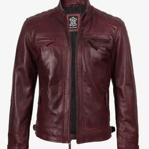 Veste motard en cuir véritable bordeaux pour homme – épaules matelassées