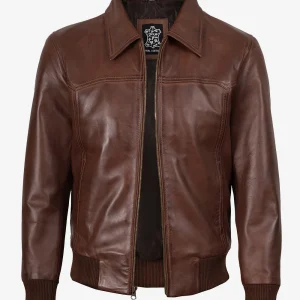 Blouson aviateur en cuir marron à col chemise pour homme