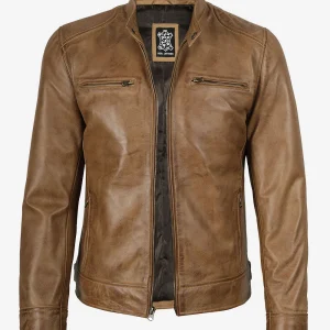 Veste en cuir style motard marron camel pour homme