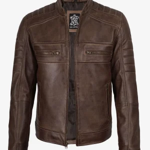 Veste en cuir vieilli marron café pour homme - Style motard
