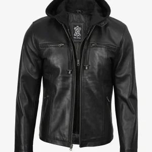 Veste en cuir noir pour homme avec capuche amovible