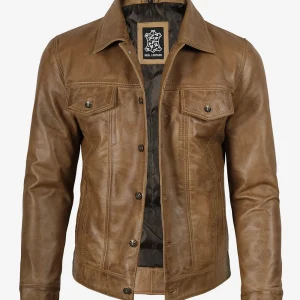 Veste de camionneur en cuir véritable marron camel pour homme