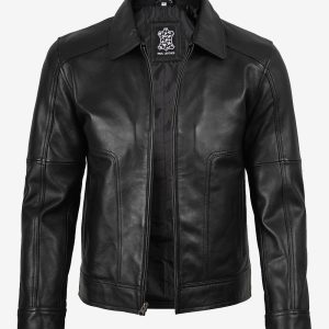 Veste en cuir noir classique à col chemise pour homme