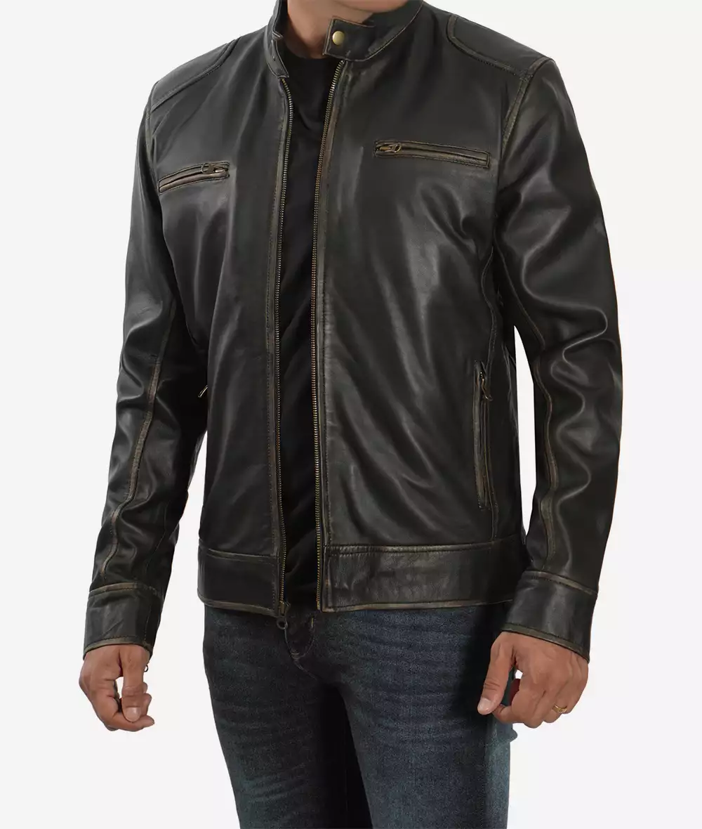 Veste en cuir marron vieilli style motard pour homme grand – Image 3