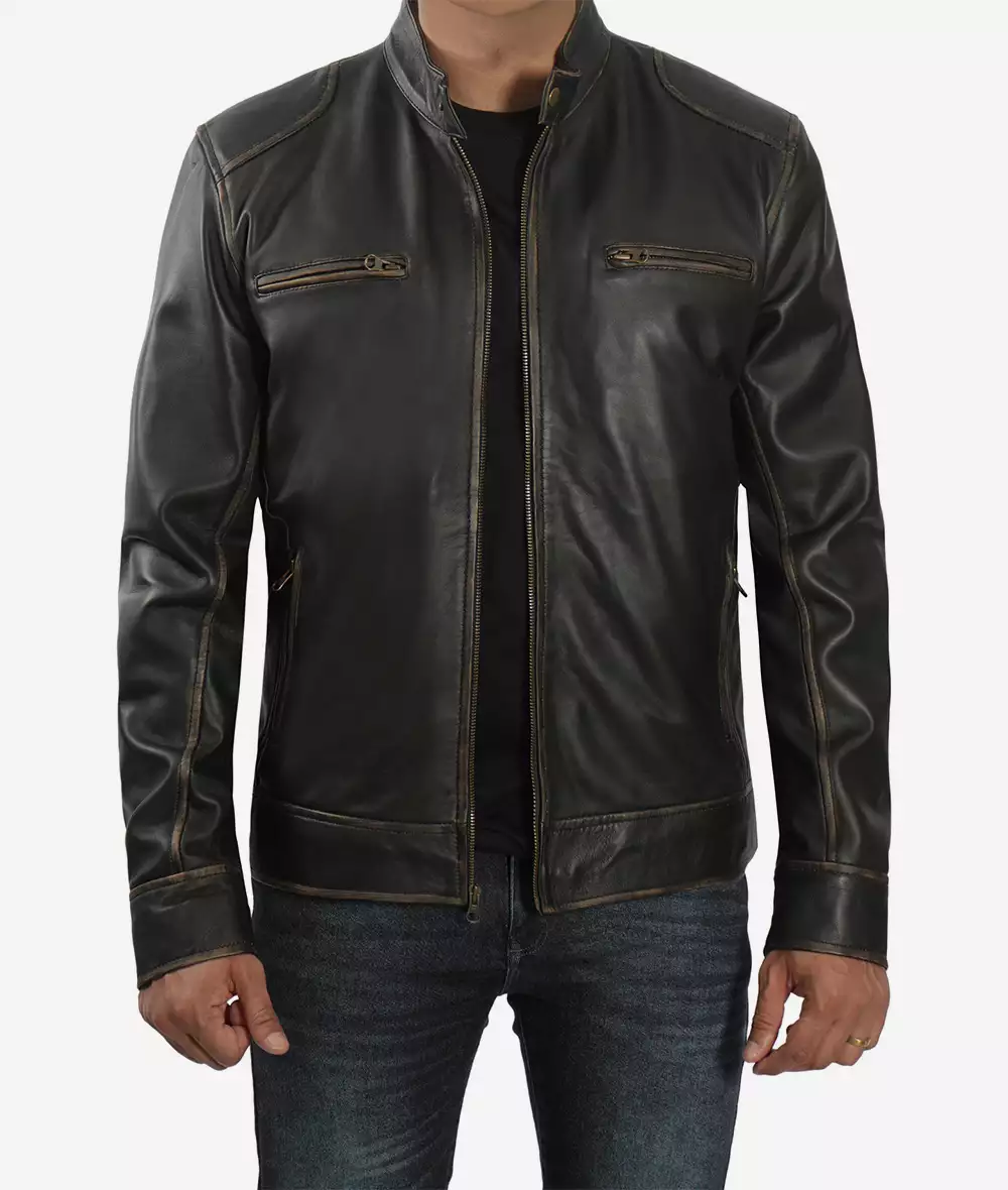 Veste en cuir marron vieilli style motard pour homme grand – Image 2