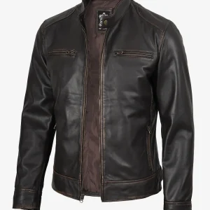 Veste en cuir marron vieilli style motard pour homme